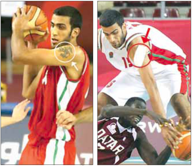 ドーハで開かれたアジア競技大会にバスケットボール・ナショナルチームのメンバーとして出場したハーメド・ハッダーディーは、腕に入れた入れ墨をテープで隠さねばならなかった