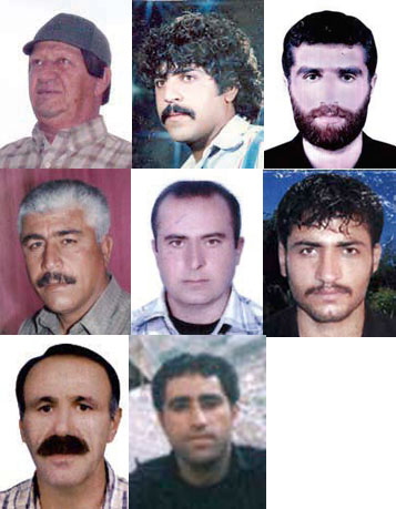 左上から右に、ハーシェム（8人目の被害者）、ファルハード（3人目）、ダーヴード（4人目）、マーシャッラー（1人目）、ハサン（2人目）、シェハーブ（5人目）、レザー（6人目）、シャリーフ（7人目）