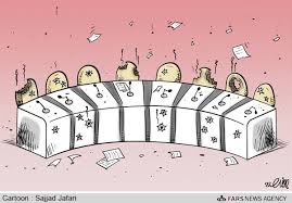 大統領選テレビ討論の風刺画(ファールス通信より)