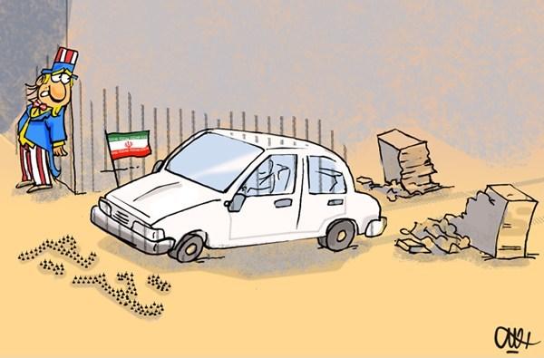 ニュースサイトhttp://www.safireaflak.ir/風刺漫画より (絵左下には、鋲で「経済制裁」の文字)