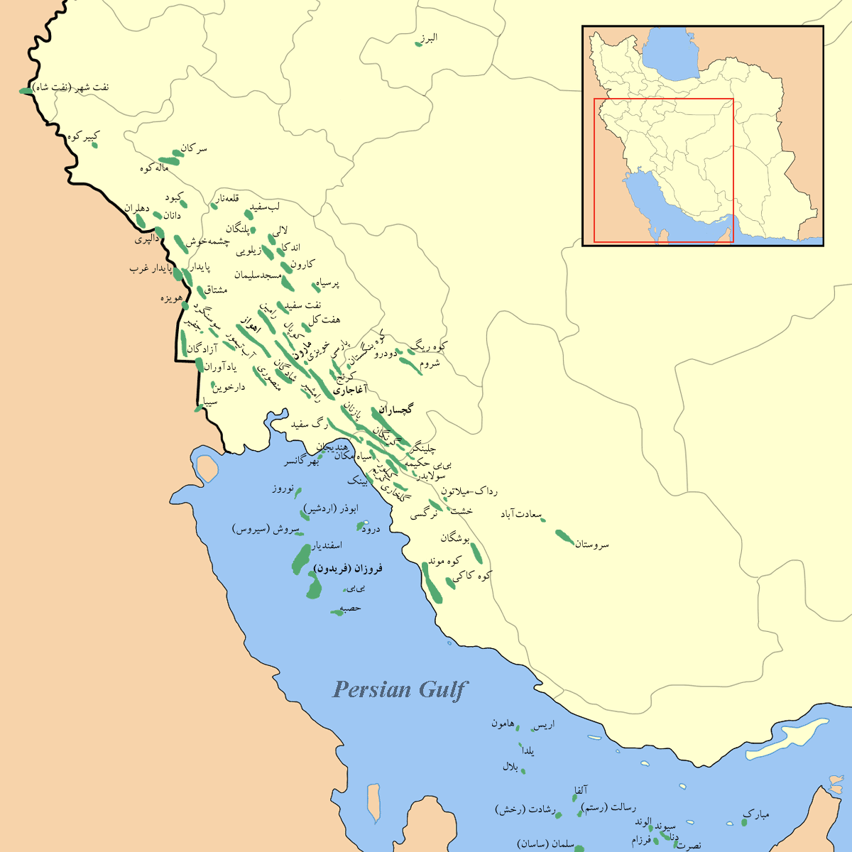 アーザーデガーン油田・ヤーダーヴァラーン油田周辺域の油田分布図（ペルシア語版ウィキペディアよりhttp://fa.wikipedia.org/wiki/%D9%BE%D8%B1%D9%88%D9%8