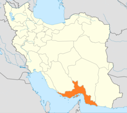 ジャースクはホルモズガーン州[写真オレンジ色]の東部に位置し、ペルシア湾に面している。(地図はhttp://en.wikipedia.org/wiki/Hormozgan_Provinceより)